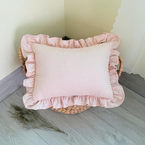 May include: A rectangular light pink scatter cushion featuring a ruffled border along all four edges. The cushion is constructed from a solid-coloured fabric with a visible weave texture and includes a small fabric tag on the upper right side.