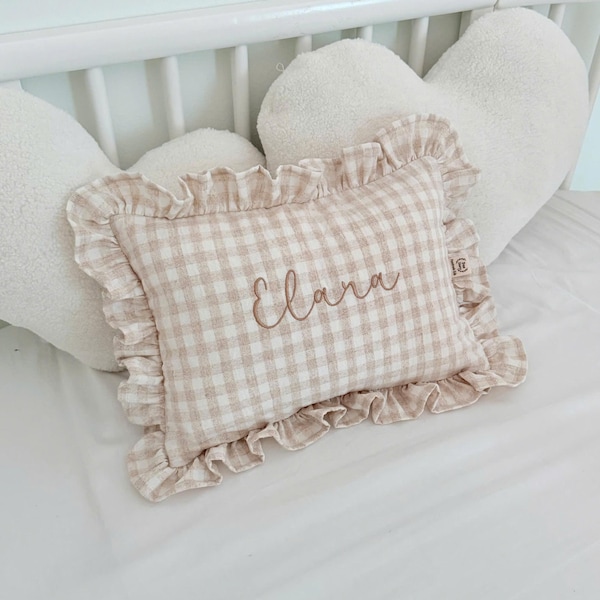 Baby Name Pillow With Ruffles, Personalized Nursery Cushion | Newborn Keepsake & Baby Shower Gift