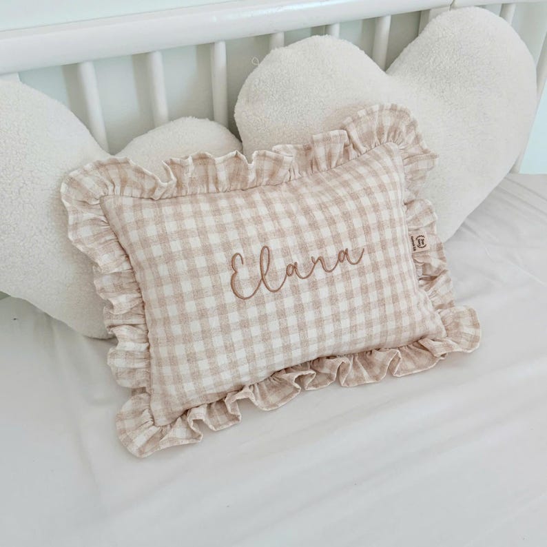 Baby name pillow with ruffles, personalized linen nursery cushion