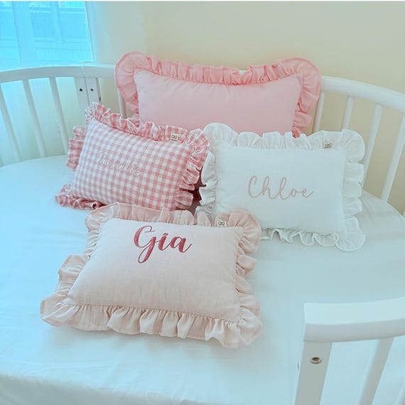 Custom Embroidered Baby Name Pillow with Ruffles | Linen Nursery Cushion | Newborn Keepsake