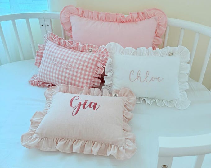 Custom Embroidered Baby Name Pillow with Ruffles, Linen Nursery Cushion, Newborn Keepsake, Baby Shower Gift
