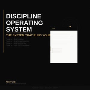 Può includere: Grafica nera con testo bianco "DISCIPLINE OPERATING SYSTEM" e "THE SYSTEM THAT RUNS YOUR". Un blocco note bianco è a destra. Il testo "RESET LAB" è in basso.