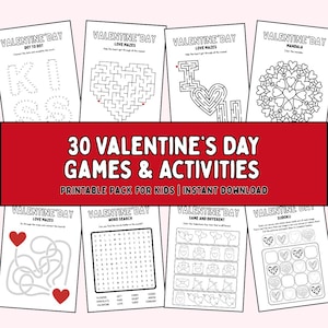 Pode incluir: Uma coleção de jogos e atividades do Dia dos Namorados para crianças. A imagem mostra várias páginas imprimíveis com labirintos, ligar os pontos, caça-palavras e quebra-cabeças Sudoku. O texto diz "30 Jogos e Atividades do Dia dos Namorados".
