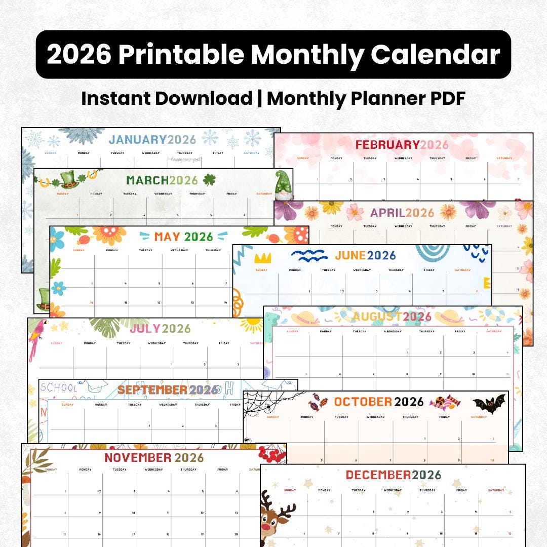 2026 Printable Monthly Calendar | Instant Download | Minimalist Wall