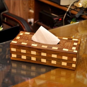 Handmade Wooden Tissue Box Cover with Carving and Tukri Inlay Decorative Napkin Holder for Home Office & Gifts