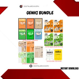 以下が含まれることがあります： 「GENKI」教科書やワークブック、「Kanji Look and Learn」ガイドなど、日本語学習用の書籍のコレクション。書籍は、日本語のテキストとイラストが描かれたカラフルな表紙が特徴です。「GENKI BUNDLE」と「INSTANT DOWNLOAD」の文字も含まれています。