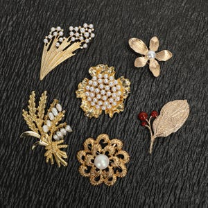 Puede incluir: Un surtido de broches dorados con diseños florales y botánicos. Algunos broches presentan perlas de imitación, mientras que otros tienen detalles intrincados de hojas y pétalos. Los broches están dispuestos sobre una superficie negra texturizada.