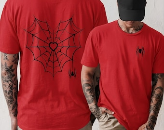 スパイディハートウェブシャツ、スパイダーハートウェブグラフィックTシャツ、Y2KグランジゴシックTシャツ、オルタナティブキュートスパイダーシャツ、バックプリントゲーマーギフト