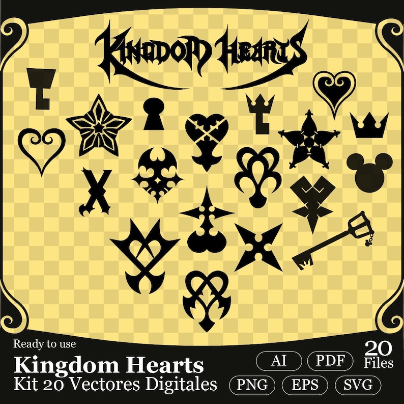 May include: A set of 20 black and white digital vector illustrations of symbols from the Kingdom Hearts video game series. The symbols include hearts, crowns, keys, and other abstract shapes.