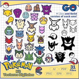 May include: A digital kit featuring various Pokémon characters in both line and solid versions. The image includes the Pokémon GO logo, the word "Pokémon", and the text "Kit Vectores Digitales". The image also includes the file types: AI, PDF, PNG, EPS, and SVG.