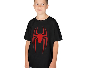 赤いスパイダーマンのキッズTシャツ｜スーパーヒーローのロゴ、スパイダーデザイン