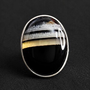 German Silver Black Agate Gemstone Ring, Oval Statement Jewelry, Striped Stone, Dark Boho Style
