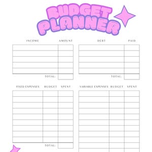 Op de afbeelding: Een printbare budgetplanner met een roze en paarse titel "BUDGET PLANNER" met een roze ster. De planner bevat secties voor inkomsten, schulden, vaste uitgaven, variabele uitgaven en besparingen.
