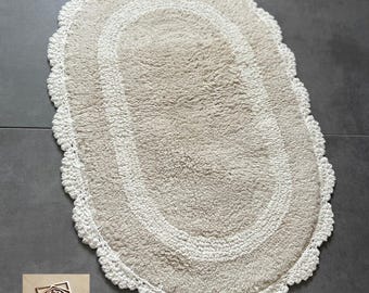 Bath mat, bathroom decor rug, 100% cotton, Bohemian beige / Small bathroom, 61 cm/43 cm