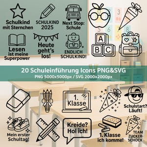 20 coole Schuleinführung Icons SVG & PNG Motive | Einschulung T-Shirt Plotter Bundle | Schulkind Designs für Cricut,Silhouette,DIY Projekte