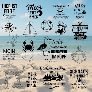 20 disegni marittimi – Detti e simboli d'amore costieri – Alta risoluzione in SVG PNG – File plotter per decorazioni a vela con ancora galleggiante del Mare del Nord