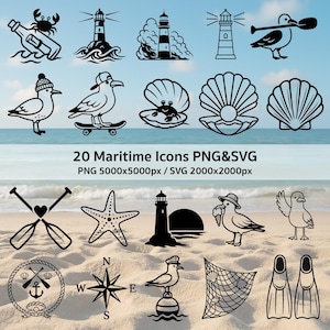 Pacchetto di icone SVG e PNG a tema marittimo: 20 icone: gabbiani, faro, ghirlanda di corde, messaggio in bottiglia, conchiglia con perla, gabbiano su boa, gabbiano su skateboard
