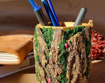 Un portapenne colorato e funzionale "Nature" realizzato in legno ed elementi decorativi.