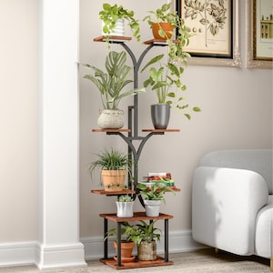 8 Tier Metal Wood Plant Stand Indoor With LED Grow Lights