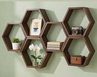 Hexagon Floating Shelves Set of 6 | Honeycomb Wood Display Wall Mounted Hanging Rustic Shelf