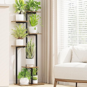 6 Tier Metal Wood Plant Stand Indoor | Balcony Plant Hanger