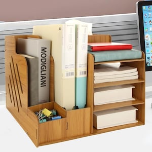 Wooden Desktop Organizer with Drawers, Pen Holder & Bookshelves