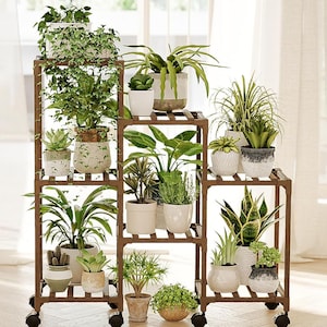 Tall Wooden Tiered Plant Stand: 7-Pot Rolling Planter