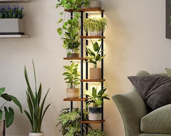 7 Tier Metal Wood Plant Stand Indoor with LED Grow Lights