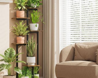 6 Tier Metal Wood Plant Stand | Tall Corner Ladder Shelf for Multiple Plants