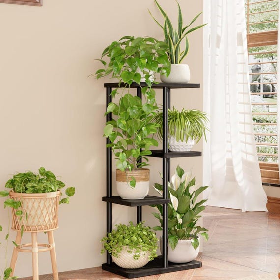 Tall 4/5/6/7-tier Plant Stand: Rustic Black Wood & Metal - Etsy