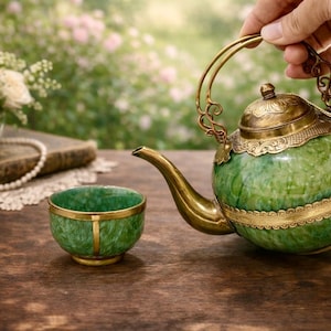 May include: A green and gold tea set, including a round teapot and a small teacup, sits on a wooden surface. The teapot has a decorative handle and spout. The teacup and teapot are accented with gold trim. A bouquet of white roses is in the background.