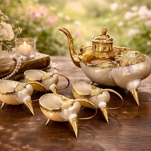 May include: A decorative tea set with a gold-colored teapot and matching cups. The teapot has a detailed design and is accompanied by four shell-shaped cups with gold accents. The set is arranged on a wooden surface.
