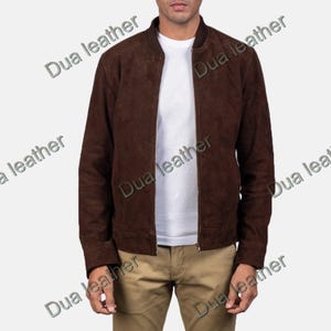 Blouson aviateur pour homme en cuir suédé marron, style vintage à fermeture éclair classique, cuir véritable souple, manteau décontracté fait main, cadeau pour lui