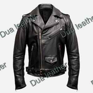 Men’s Black Leather Biker Jacket Classic Motorcycle Style with Belted Waist & Zipper Pockets