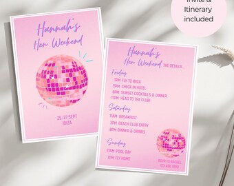 Disco Ibiza Hen Party Invite & Itinerary |Editable Canva Template |Personalised Hen Party Invite| Bachelorette Hen Parties| INSTANT DOWNLOAD