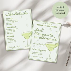 May include: Two light green invitation cards with a margarita illustration and the text "Last Margarita as a Senorita" for Hannah's Hen Party. The details include the date, location, and RSVP information. The second card lists the itinerary.
