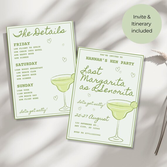 Last Margarita Hen Party Invites and Itinerary|Personalised Hen Party Invite|Editable Canva Template|Bachelorette or Hen Do|INSTANT DOWNLOAD