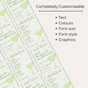 May include: Light green and white invitation cards for a bachelorette party, featuring a margarita glass illustration. The cards are arranged in a grid pattern, with the text "Last Margarita as a Senorita" and event details. The words "Completely Customisable" are also visible.