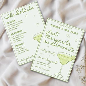 May include: Two light green invitation cards with the text "The Details" and "Hannah's Hen Party". The cards feature margarita illustrations and event details, including dates and times. The text "Let's get salty!" is also included.