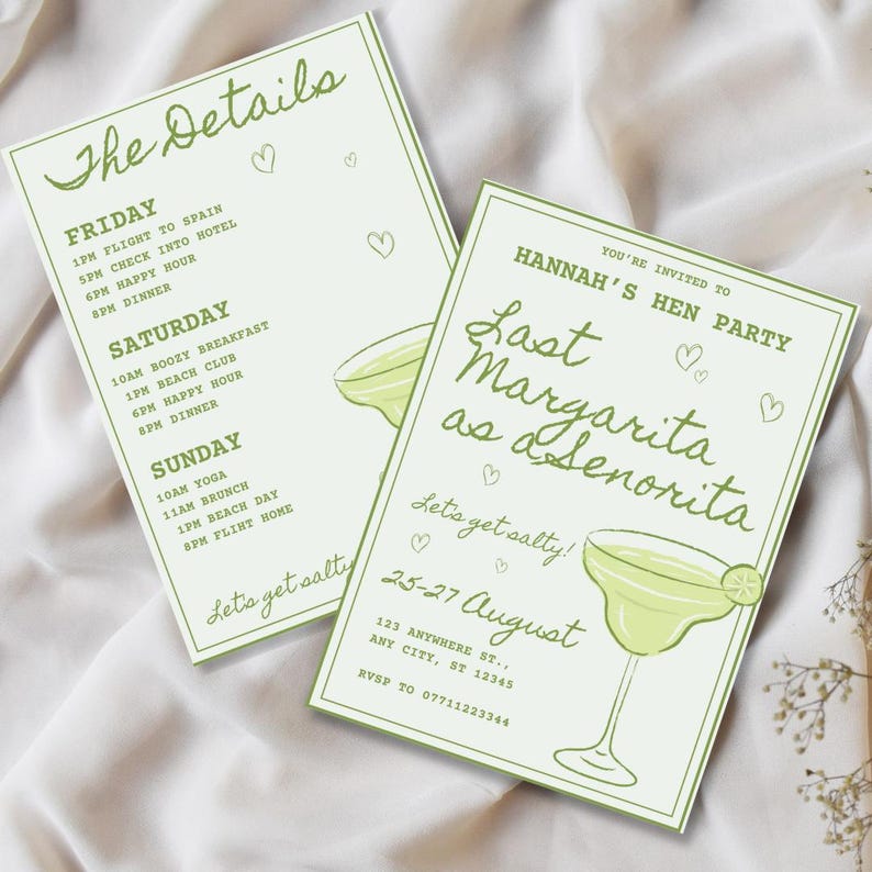 May include: Two light green invitation cards with the text "The Details" and "Hannah's Hen Party". The cards feature margarita illustrations and event details, including dates and times. The text "Let's get salty!" is also included.