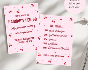 Cherry bridal shower Invites & Itinerary| Editable Canva Template|Personalised Hen Party Invite|Bachelorette or Hen Parties|INSTANT DOWNLOAD
