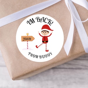 Personalised Elf Christmas Stickers, Custom Name Gift Tags Present Labels, Christmas Gift Wrapping Labels Elf Theme I&#39;m Back!