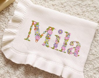 Personalized Baby Blanket with Name, Embroidered Floral Baby Blanket, Newborn Cotton Blanket,Baby Shower Gift,Nursery Keepsake,Birthday Gift