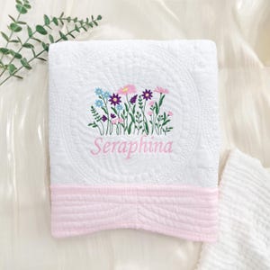 Customized Baby Quilt Blanket, WildFlower Embroidered Baby Blanket,Keepsake Heirloom Quilt,Newborn Gift,Cotton Soft Blanket,Baby Shower Gift