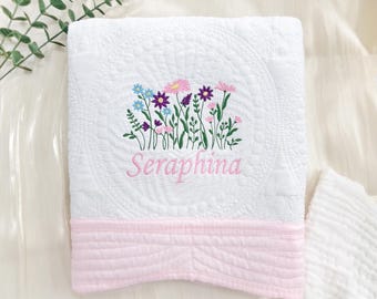 Customized Baby Quilt Blanket, WildFlower Embroidered Baby Blanket,Keepsake Heirloom Quilt,Newborn Gift,Cotton Soft Blanket,Baby Shower Gift