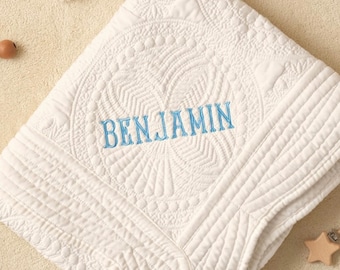 Personalized Baby Name Blanket, Embroidered Monogrammed Baby Blanket, Keepsake Heirloom Quilt, Baby Shower Gift, Cotton Newborn Blanket