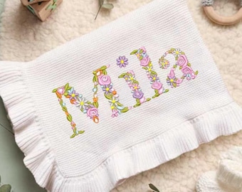 Personalized Embroidered Baby Blanket, Floral Baby Blanket, Newborn Name Blanket, Baby Shower Gift, First Birthday Gift, Nursery Keepsake