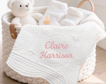 Custom Baby Name Quilt Blanket, Cotton Nursery Blanket, Monogram Embroidered Blanket, Heirloom Keepsake Quilt, Baby Shower Gift,New Mom Gift