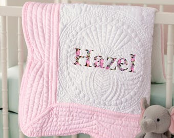 Custom Embroidered Baby Blanket, Floral Baby Blanket, Boho Baby Name Blanket, Baby Shower Gift, Baby Birthday Gift, Keepsake Heirloom Quilt