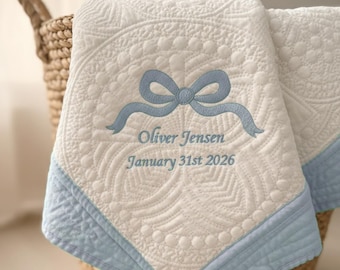 Personalized Baby Name Blanket, Embroidered Name Quilt, Custom Monogram Cotton Baby Blanket, Baby Shower Gift, Heirloom Keepsake Quilt